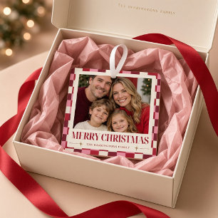 Pink Chequered Family Photo Christmas Metal Ornament
