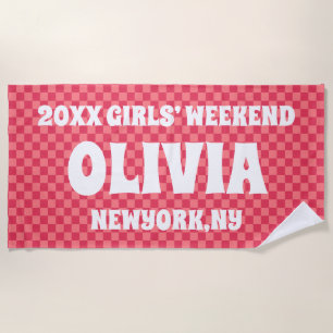 Pink Chequered Girls Weekend Personalized Name  Beach Towel