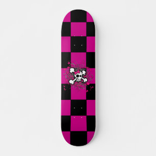 Pink Chequered Girly Skull Skateboard