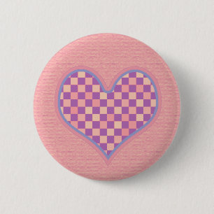 pink chequered heart 2 inch round button
