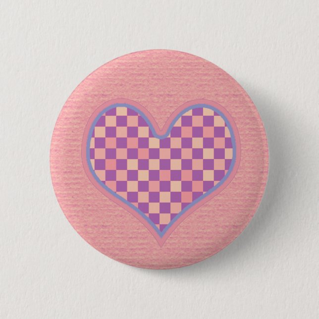 pink chequered heart 2 inch round button (Front)