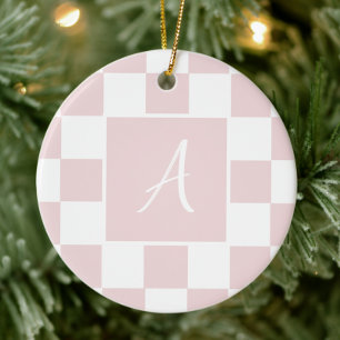 Pink Chequered Monogrammed Initial Ceramic Ornament
