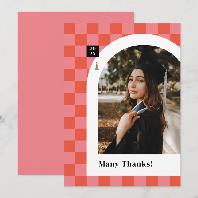 Pink Chequered Photo Graduation Thank You Card (Front/Back)