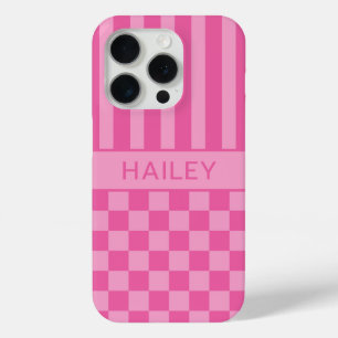 Pink Chequered Striped Personalized iPhone 15 Pro Case