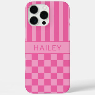 Pink Chequered Striped Personalized iPhone 16 Pro Max Case