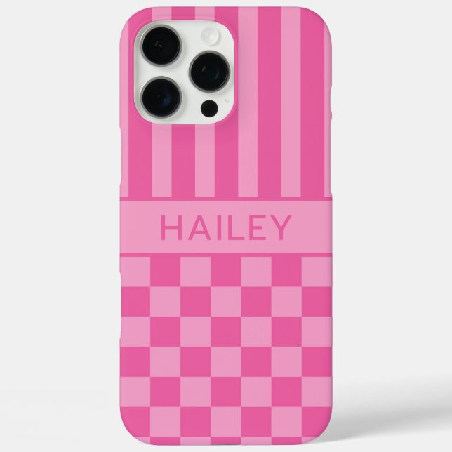 Pink Chequered Striped Personalized Case-Mate iPhone Case (Back)