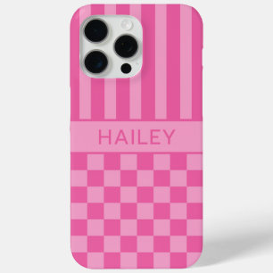 Pink Chequered Striped Personalized iPhone 15 Pro Max Case