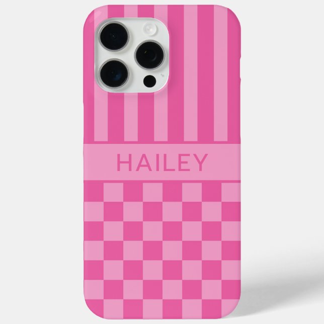 Pink Chequered Striped Personalized Case-Mate iPhone Case (Back)