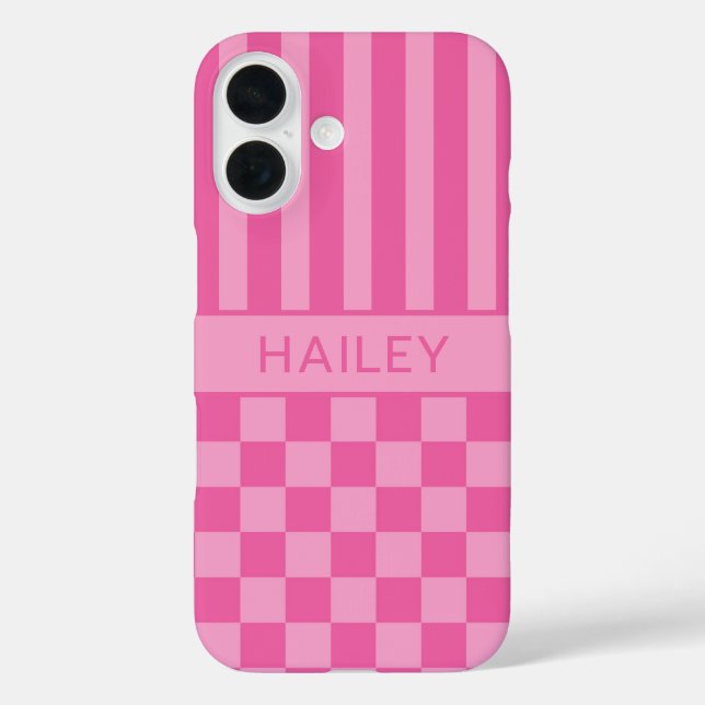 Pink Chequered Striped Personalized Case-Mate iPhone Case (Back)
