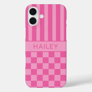 Pink Chequered Striped Personalized iPhone 16 Plus Case