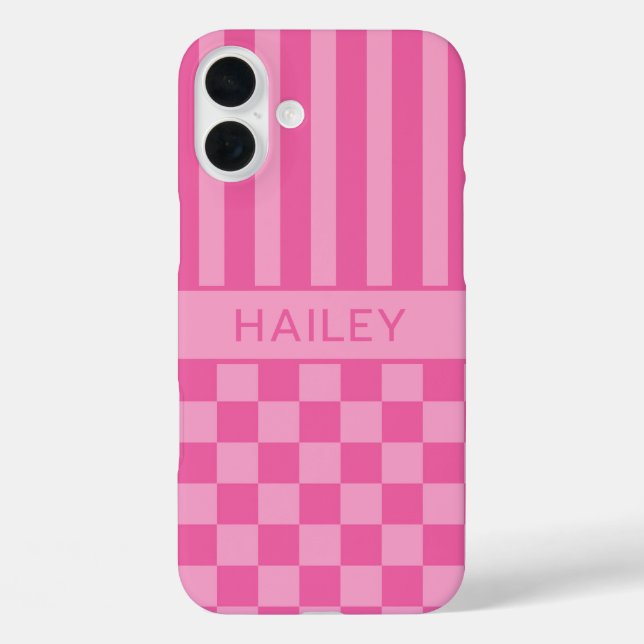Pink Chequered Striped Personalized Case-Mate iPhone Case (Back)