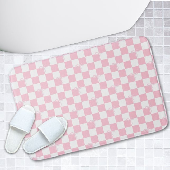 Pink Chequered Trendy Coquette Bathroom Bath Mat  (Pink Checkered Trendy Coquette Bathroom Bath Mat
)