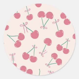 Pink cherries with bows classic round sticker