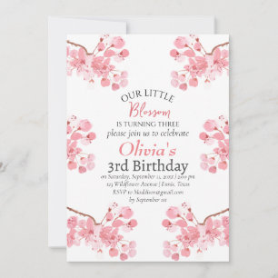 Pink Cherry Blossom 3rd Third Birthday Floral Invitation
