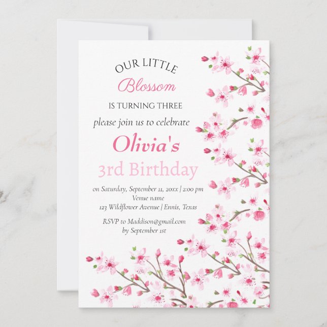 Pink Cherry Blossom 3rd Third Birthday Floral  Invitation (Front)