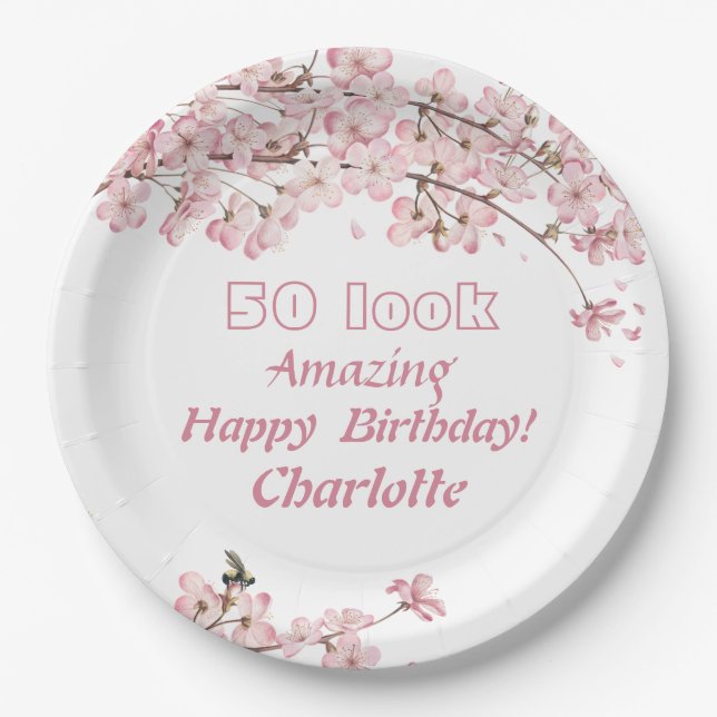 Pink Cherry Blossom 50th Birthday Party Paper Plate (Front)