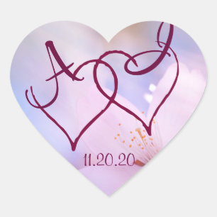 Pink cherry blossom and two hearts customizable heart sticker