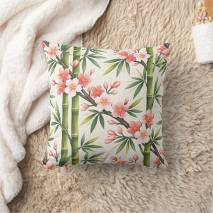Pink Cherry Blossom Bamboo Botanical Asian Zen Gar Throw Pillow