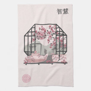 Pink cherry blossom bonsai Asian graphic design Kitchen Towel