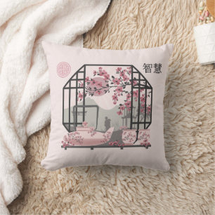 Pink cherry blossom bonsai Asian graphic design Throw Pillow