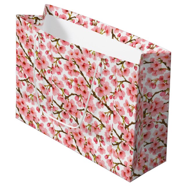 Pink Cherry Blossom Branch Pattern Large Gift Bag (Front Angled)