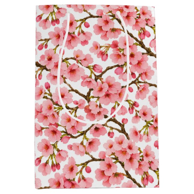 Pink Cherry Blossom Branch Pattern Medium Gift Bag (Front)