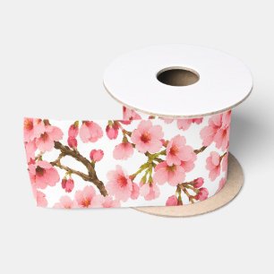 Pink Cherry Blossom Branch Pattern Satin Ribbon