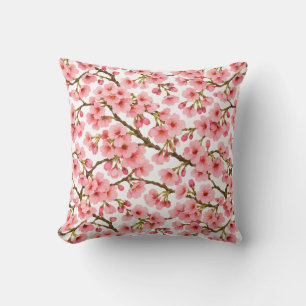 Pink Cherry Blossom Branch Pattern Throw Pillow