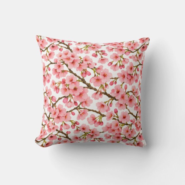 Pink Cherry Blossom Branch Pattern Throw Pillow (Front)