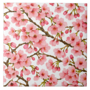 Pink Cherry Blossom Branch Pattern Tile