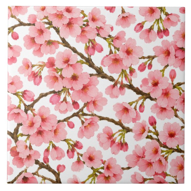 Pink Cherry Blossom Branch Pattern Tile (Front)