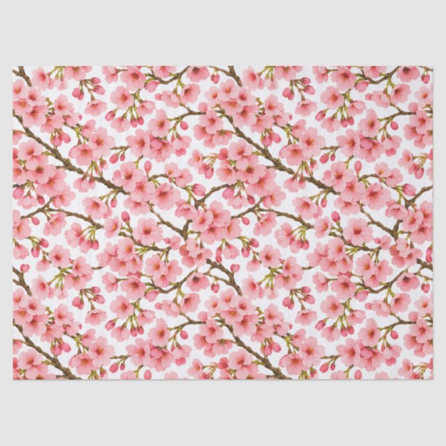 Pink Cherry Blossom Branch Pattern Tissue Paper (Front)