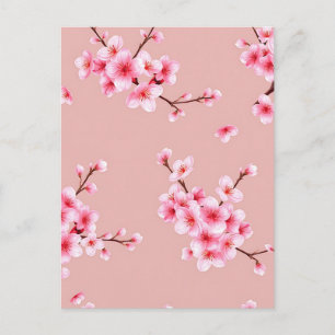 Pink Cherry Blossom Branches Pattern Postcard