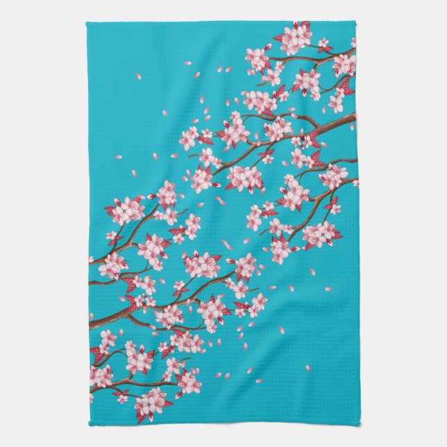 Pink Cherry Blossom Branches & Sky Blue Kitchen Towel (Vertical)