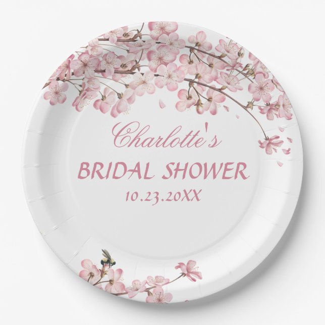 Pink Cherry Blossom Bridal Shower Paper Plate (Front)