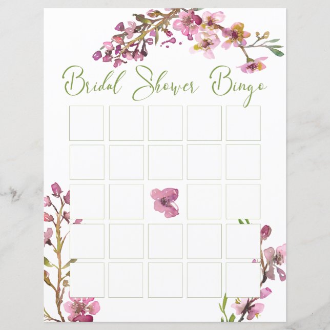 Pink Cherry Blossom Elegant Floral Bridal Bingo (Front)