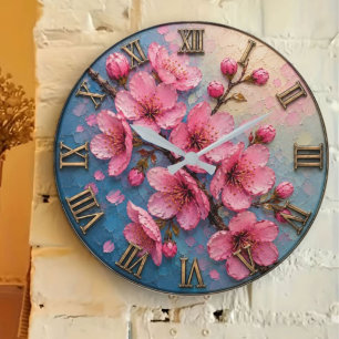 Pink Cherry Blossom Elegant Sakura Floral Large Clock