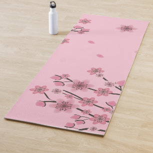 Pink Cherry Blossom Falling Petals Botanical Leaf Yoga Mat