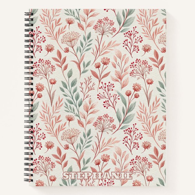 Pink Cherry Blossom, Floral and Leaves Pattern Notebook (Front)