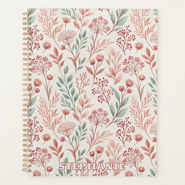 Pink Cherry Blossom, Floral and Leaves Pattern Planner (Front)