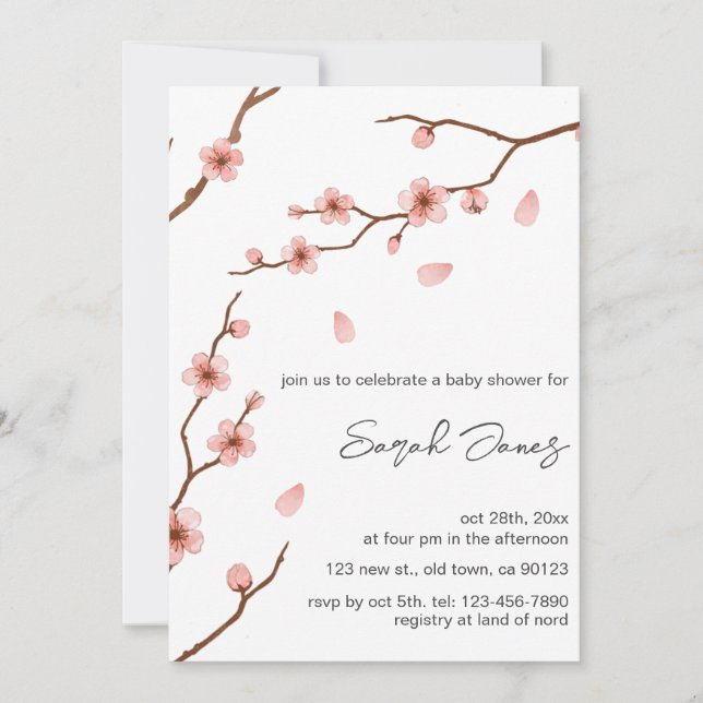 Pink Cherry Blossom Floral Baby Shower Invitation (Front)