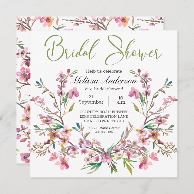 Pink Cherry Blossom Floral Bridal Shower Invitation (Front/Back)