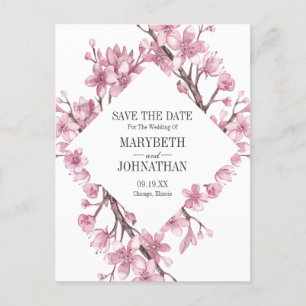 Pink Cherry Blossom Floral Frame Save The Date Invitation Postcard