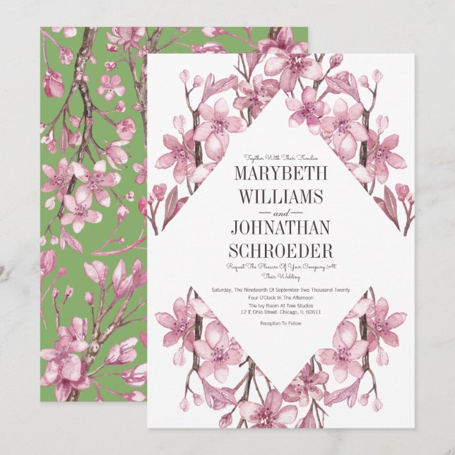 Pink Cherry Blossom Floral Frame Wedding Invitation (Front/Back)