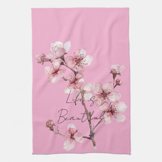 Pink Cherry Blossom Floral  Kitchen Towel (Vertical)