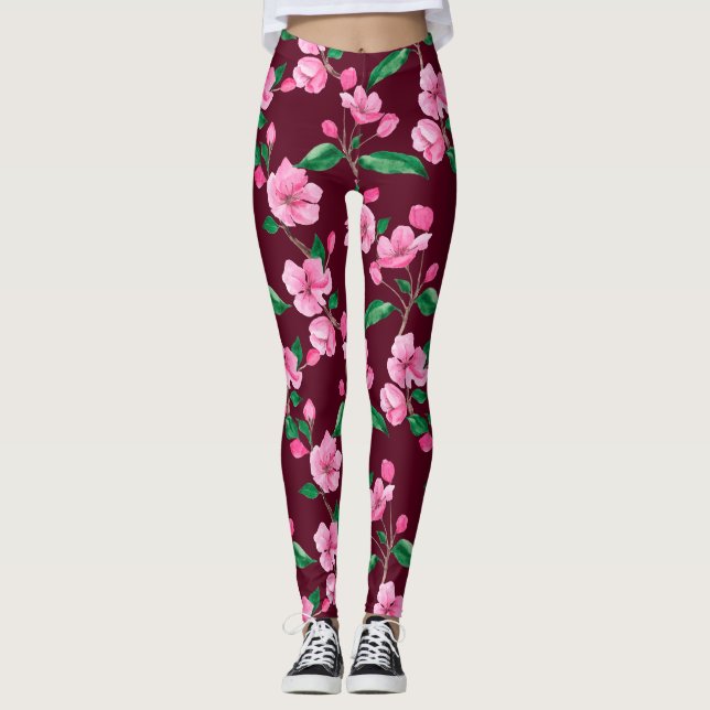 Pink Cherry Blossom Floral Leggings (Front)