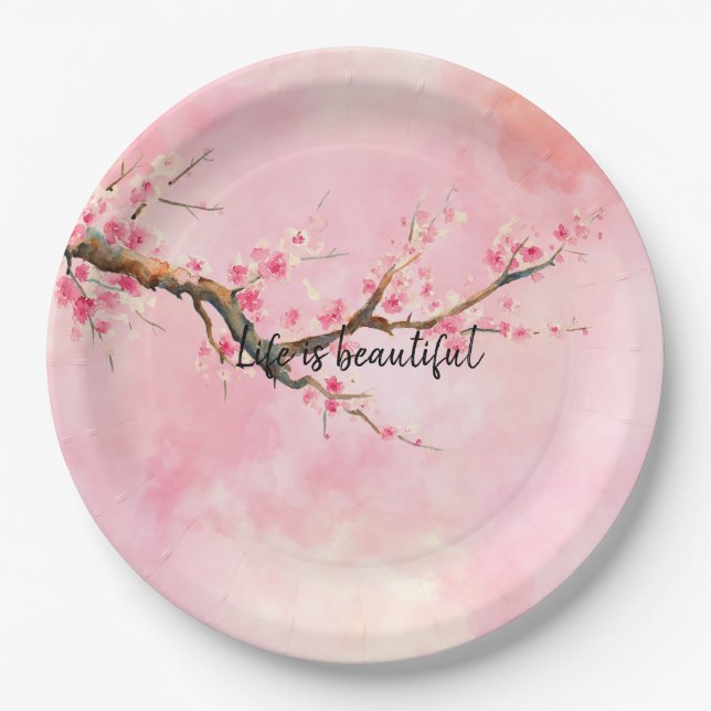 Pink Cherry Blossom Floral            Paper Plate (Front)