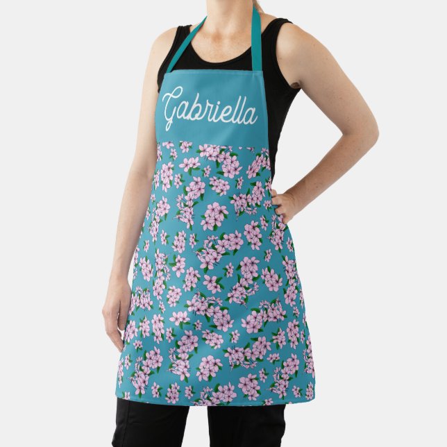 Pink cherry blossom Floral Pattern Name Apron (Insitu)