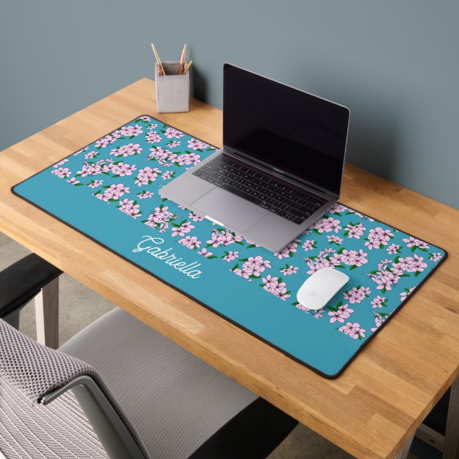 Pink cherry blossom Floral Pattern Name Desk Mat (Office 2)