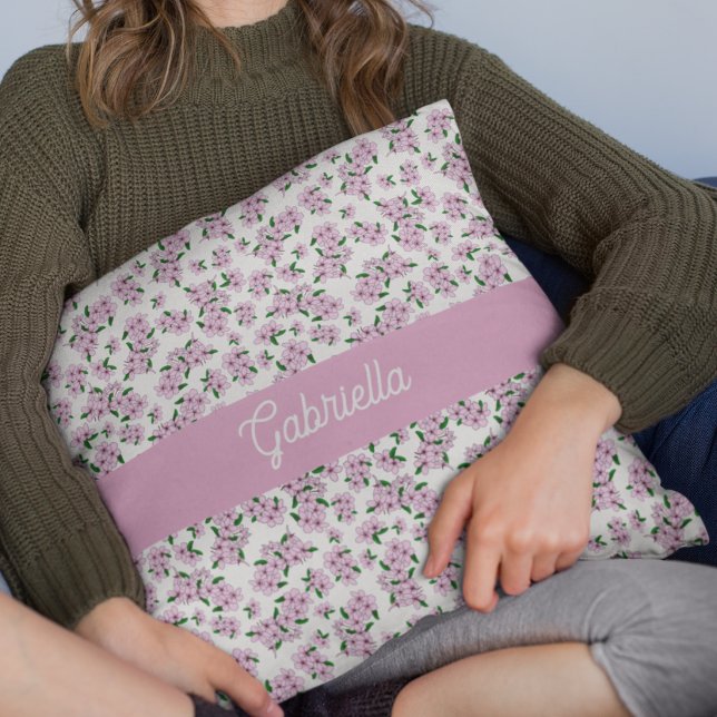 Pink cherry blossom Floral Pattern Name Throw Pillow (Creator Uploaded)